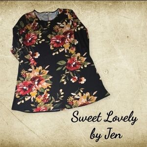 Sweet Lovely Boutique Long Sleeve Midi Dress LBD Dark Floral XL
